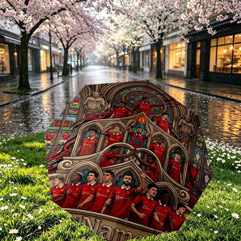 Custom Name Personalized Manchester United Print Umbrella, Auto Open Close, 8‑Rib Sturdy Frame, Commute Camping Hiking Use, Birthday Gift