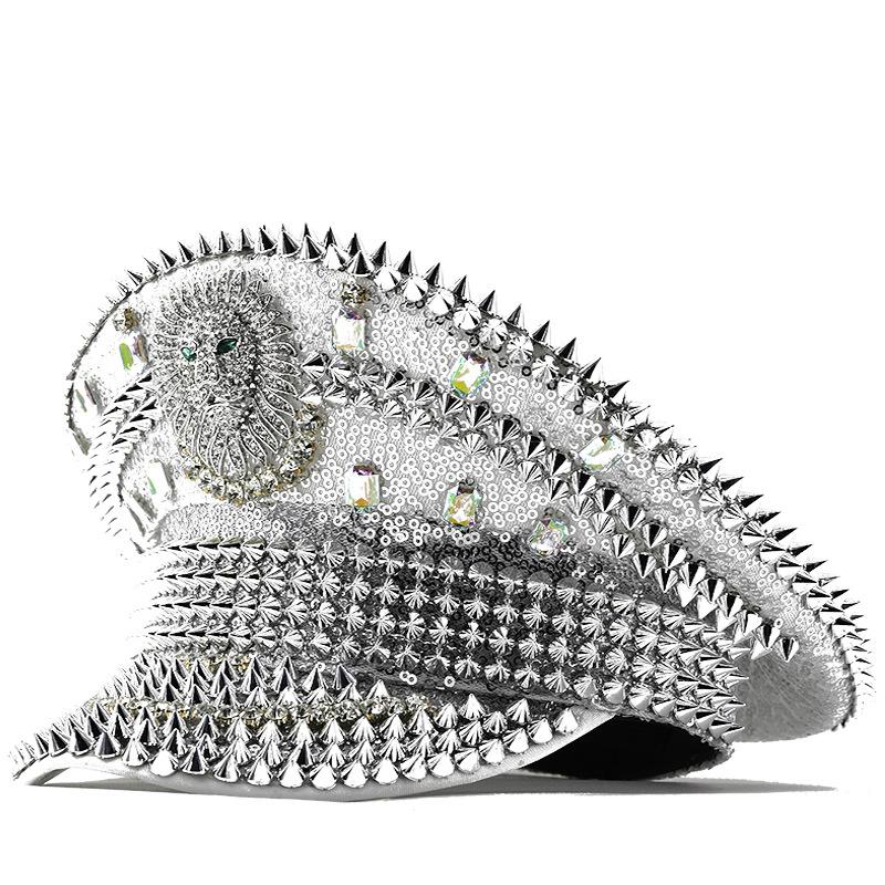 Silver Sequins Festival Show Hot Diamonds Versatile Rhinestones Navy Hat Party Orgy Birthday Wedding Big Block Hat