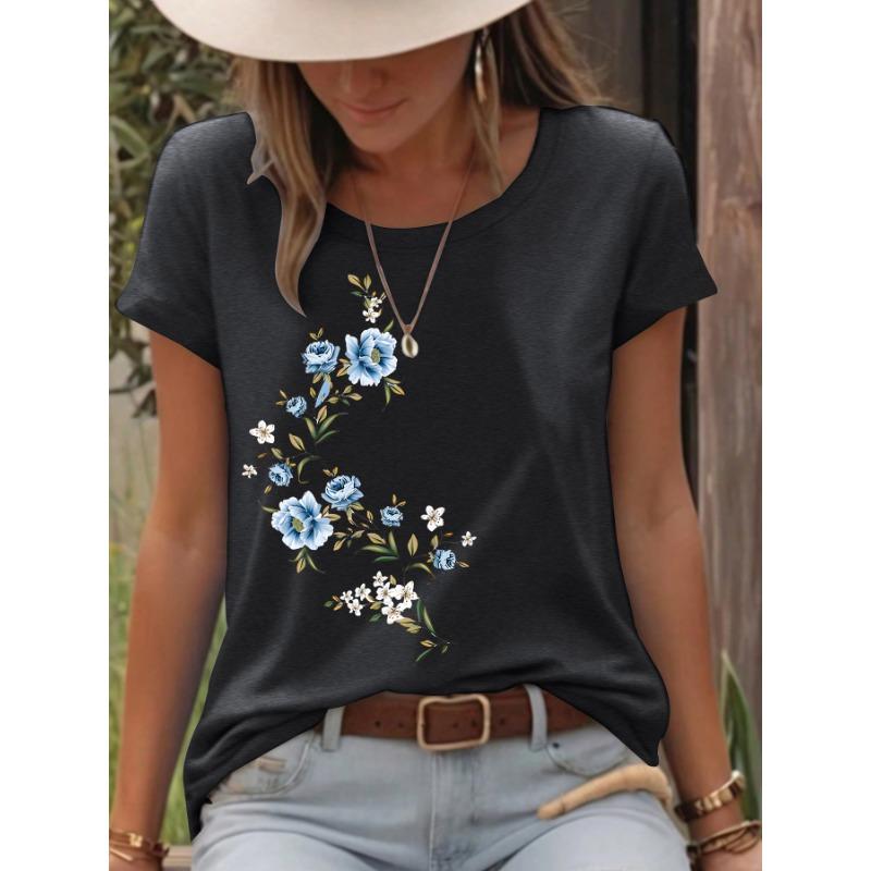 T-shirt Short Sleeved Women's Floral Print Round Neck Loose Short Sleeved T-shirt
