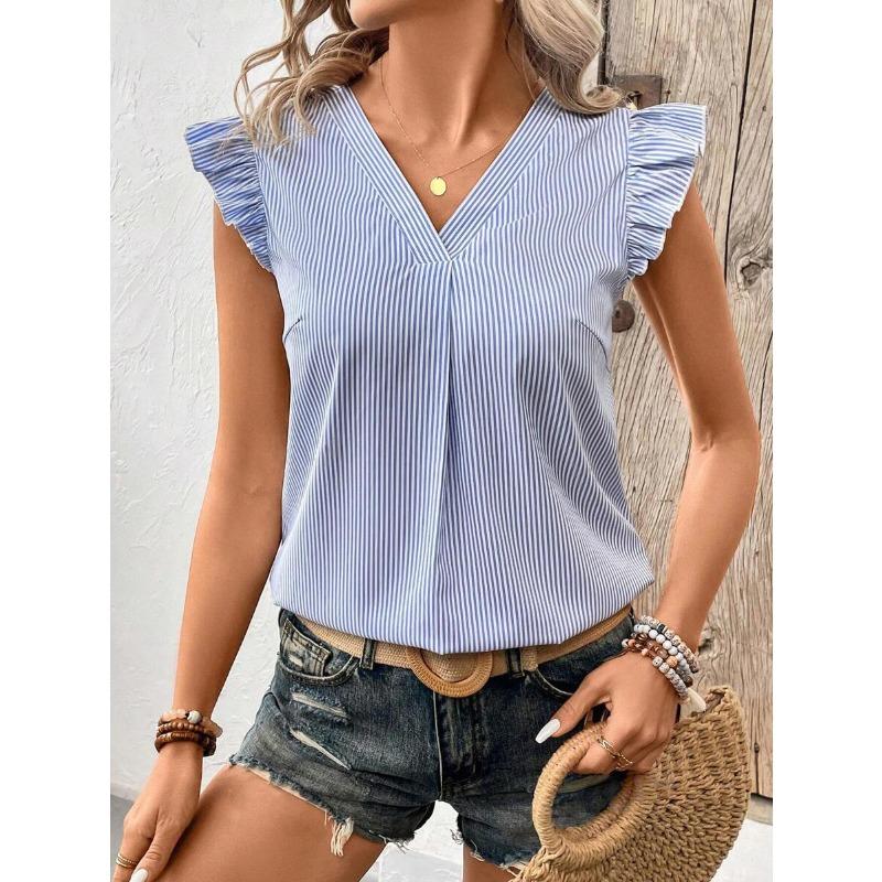 

Женская повседневная элегантная рубашка в полоску с рукавами-крылышками и V-образным вырезом L синий