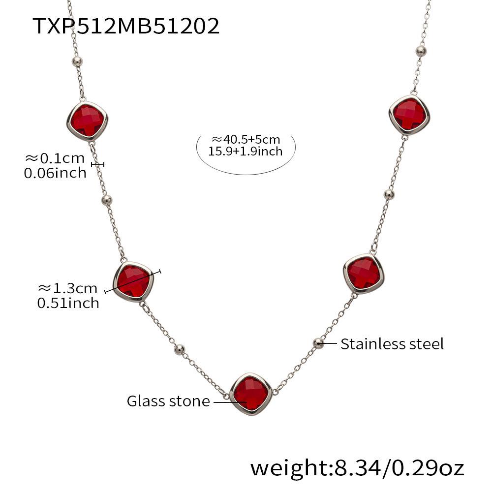 Stylish European & American Stainless Steel Jewelry Set with Square Faceted Glass Stones: Includes Bracelet, Necklace, and Earrings