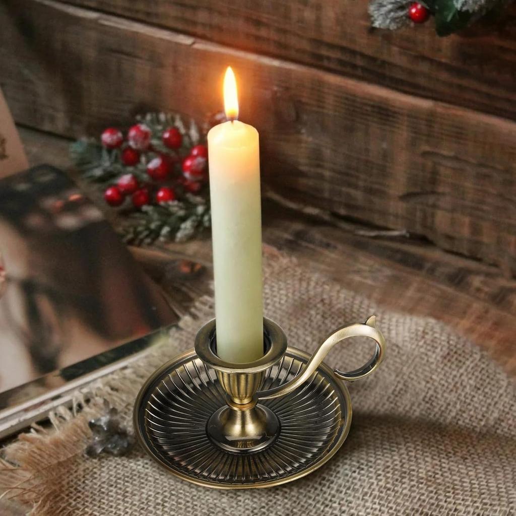 Healifty Taper Candle Holders Vintage Bronze Candlestick Holder with Handle European Style Candle Stand Chamberstick Handheld for Centerpiece Party