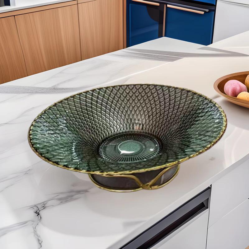 Evropská skleněná mísa na ovoce na nožce - Velkokapacitní talíř na cukroví a sušené ovoce do obývacího pokoje