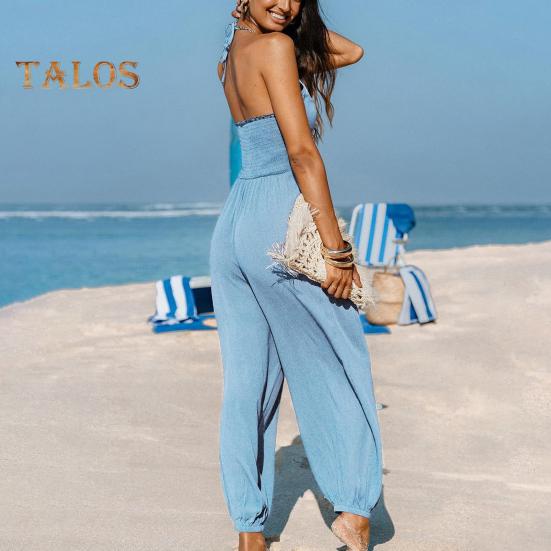 Women's Halter Maxi Jumpsuit Pleated Deep V Neck One Piece Jogger Long Pants with Pockets Casual Beach Sleeveless Rompers