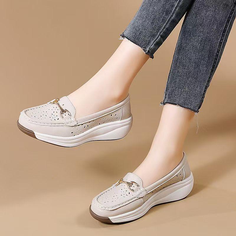 Women's New Leather Hollow Out Wedges Casual Shoes Thick Sole Non Slip Round Toe Shallow Slip On Lightweight Loafer Shoes