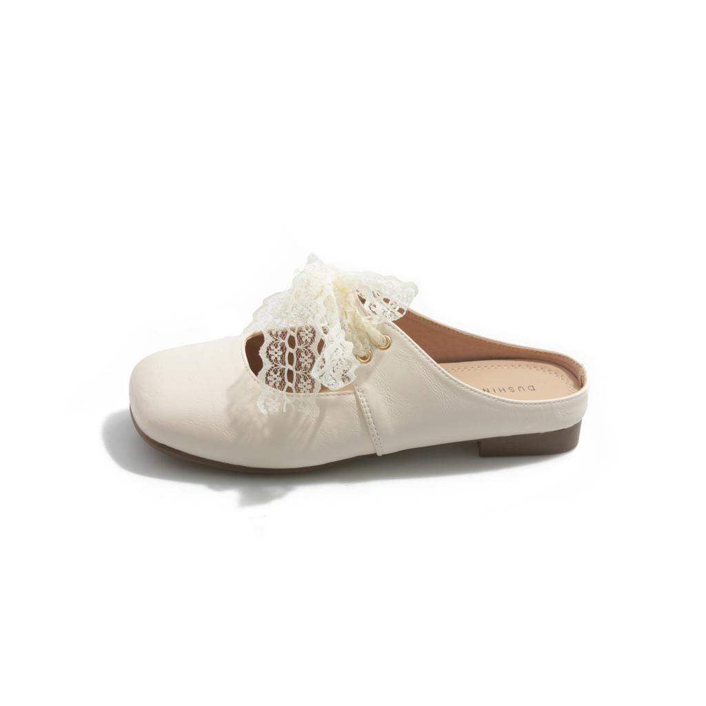French sandals bow lace bag head half slippers women's summer wear 2025 new square head Mary Jane single shoes