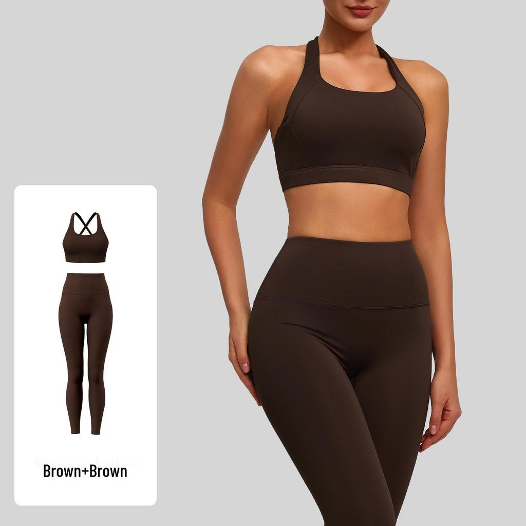 Set de Yoga cu Sutien Sport din Nailon Rezistent la Șocuri, Față-Spate și Pantaloni pe Nouă Puncte pentru Femei