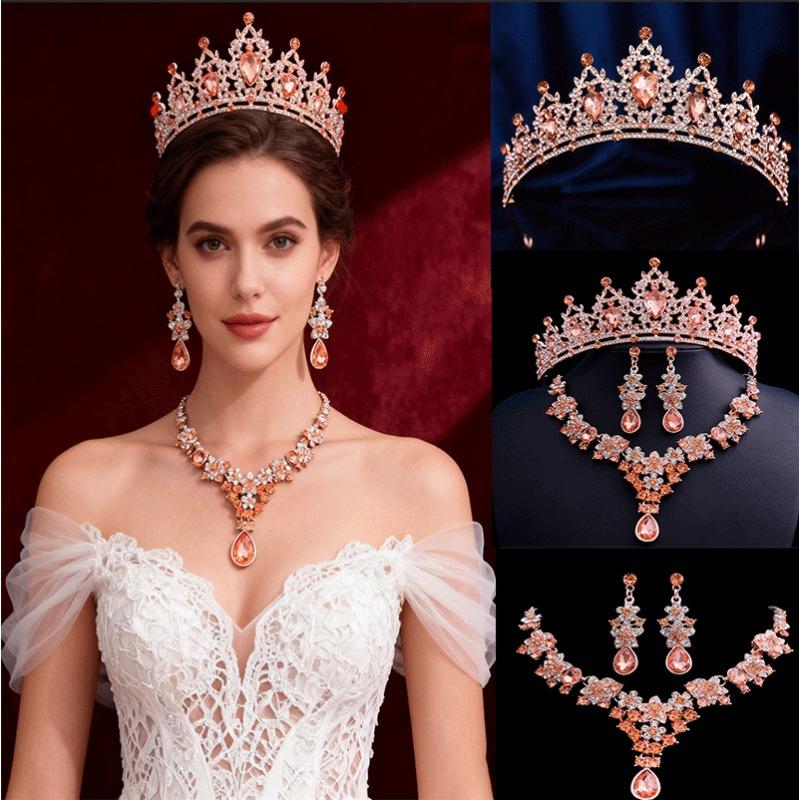 Brautkleid Wasserdiamant Ohrringe Halskette Krone Set Kopfschmuck Hochzeitskleid Leichte Luxuskleid Dreiteiliges Set und Accessoires