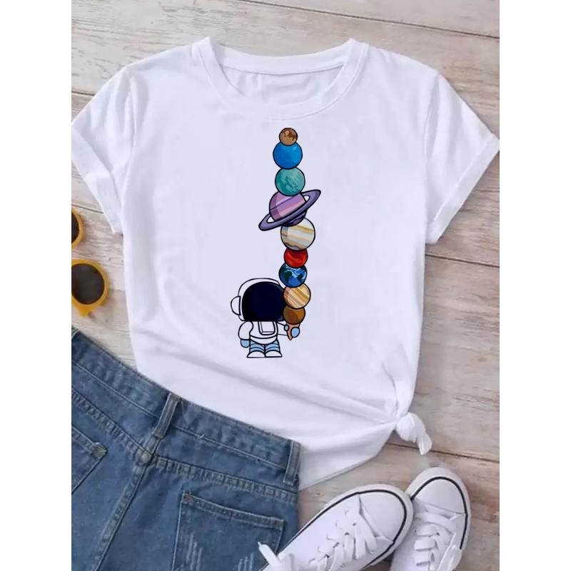 Maycaur T-shirt Dam Måne Planet Tryck Mode T-shirts Casual Rund Hals Kort Ärm Streetwear Dam T-shirt Vintage Toppar