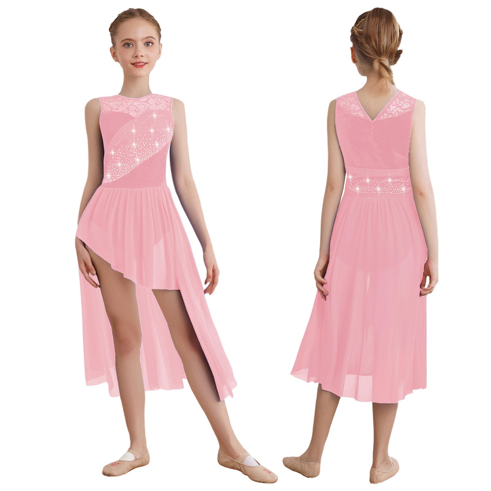 Mädchen Funkelndes Strasskleid Spitze Patchwork Raffung Netzüberzug Asymmetrischer Saum Lyrisches Tanzkostüm 5-6 Years rosa