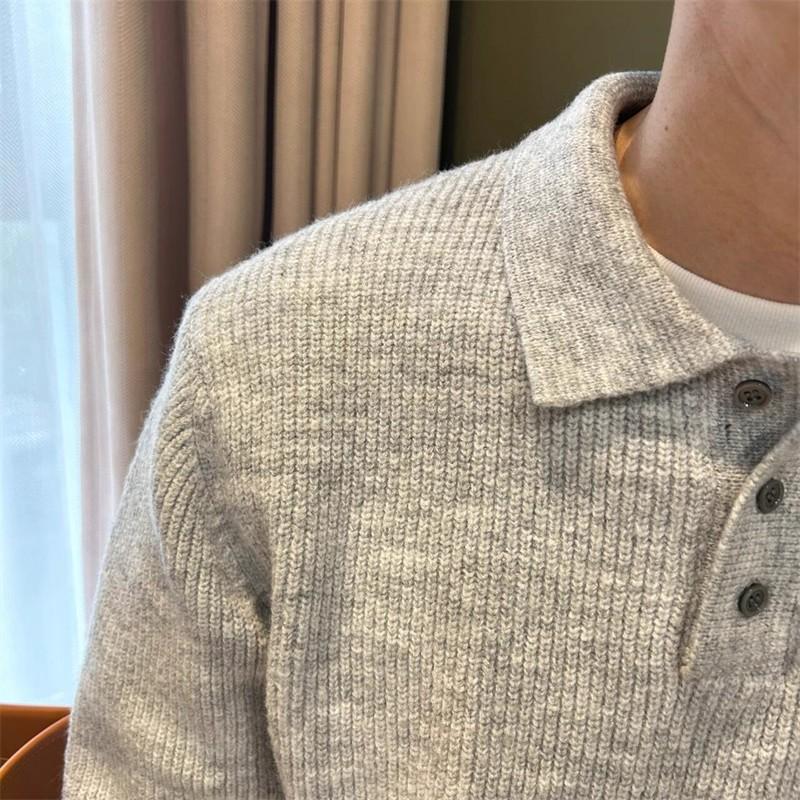 Men's Knit Sweater Autumn Winter Pullover Korean Soft Heavyweight Knit Polo Sweaters Minimalist Long Sleeve Solid Casual Top