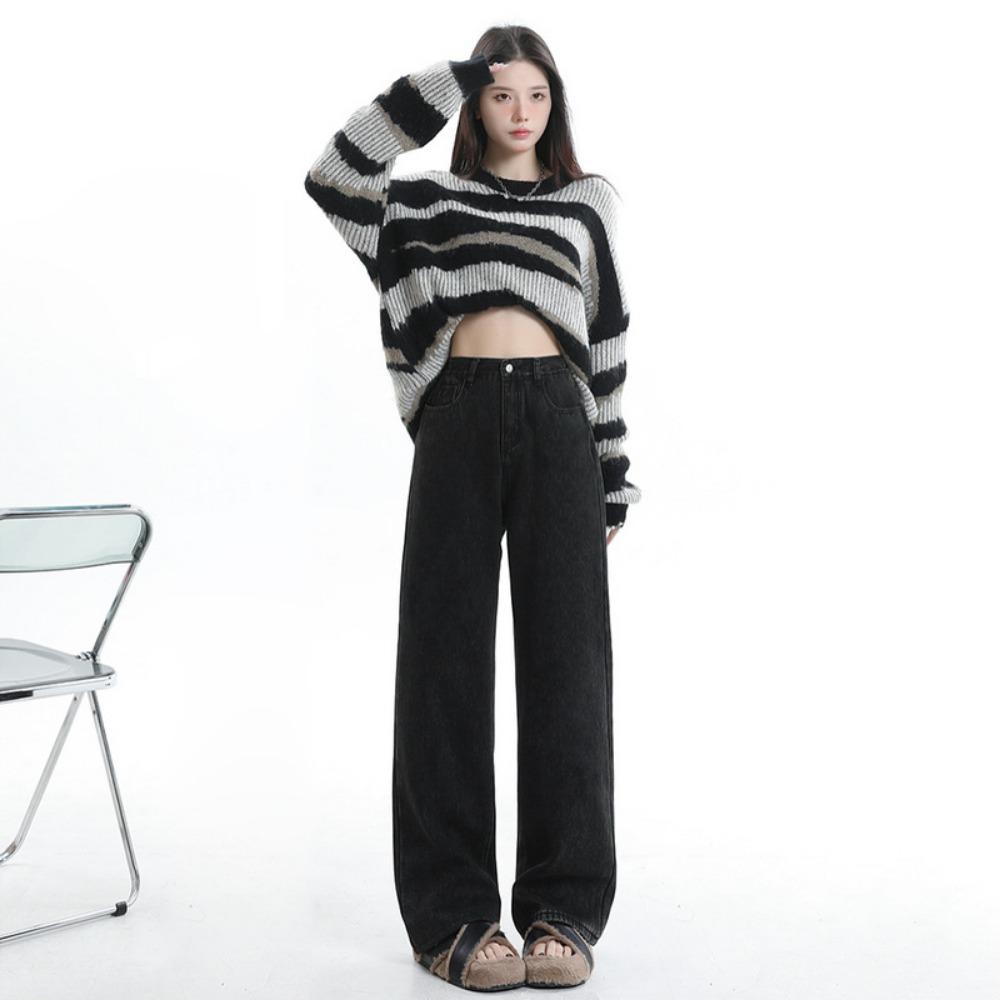 

Korean version of high-waisted and thin loose wide-leg jeans, autumn and winter new small straight mopping jeans 2XL чёрный