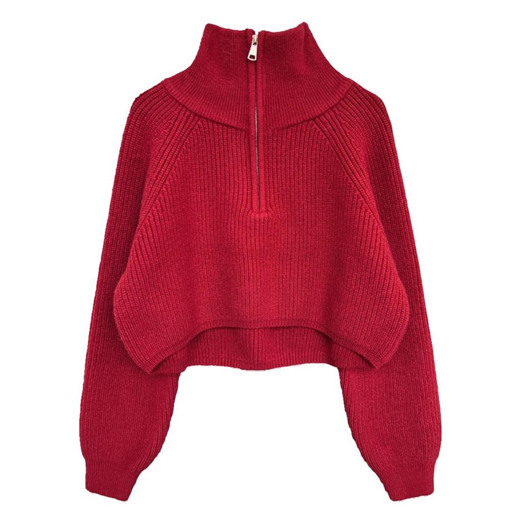 Half-zipper High Neck Solid Color High Waist Pullover Sweater Women's Short Fashion Melad Color Wear Knitted Tops Comfortable and Versatile