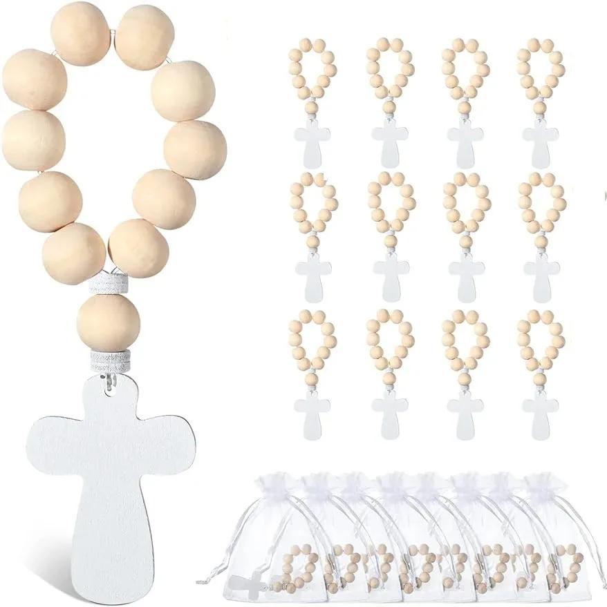 6/12/18PCS Wooden Rosary Wood Bulk Catholic with Crucifix Wooden Cross Pendant with White Mesh Bags for Baptism First Communion