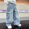 School Boys Casual Cargo Jeans with Pocket Preppy Loose Style Teenage Child Denim Pants High Fashion Kids Jeans Trousers
