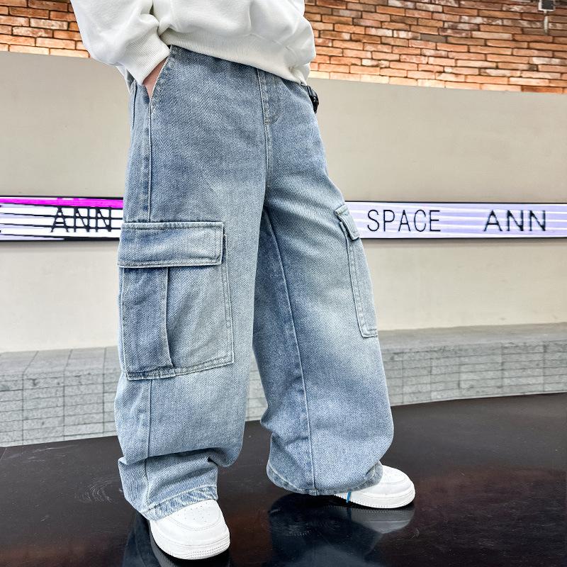 School Boys Casual Cargo Jeans with Pocket Preppy Loose Style Teenage Child Denim Pants High Fashion Kids Jeans Trousers