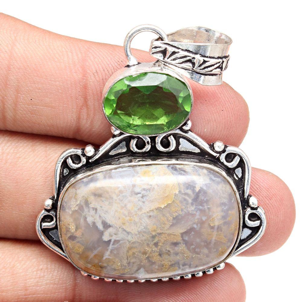 Pendant Stick Agate Peridot Quartz Gemstone Handmade Silver Jewelry 2"