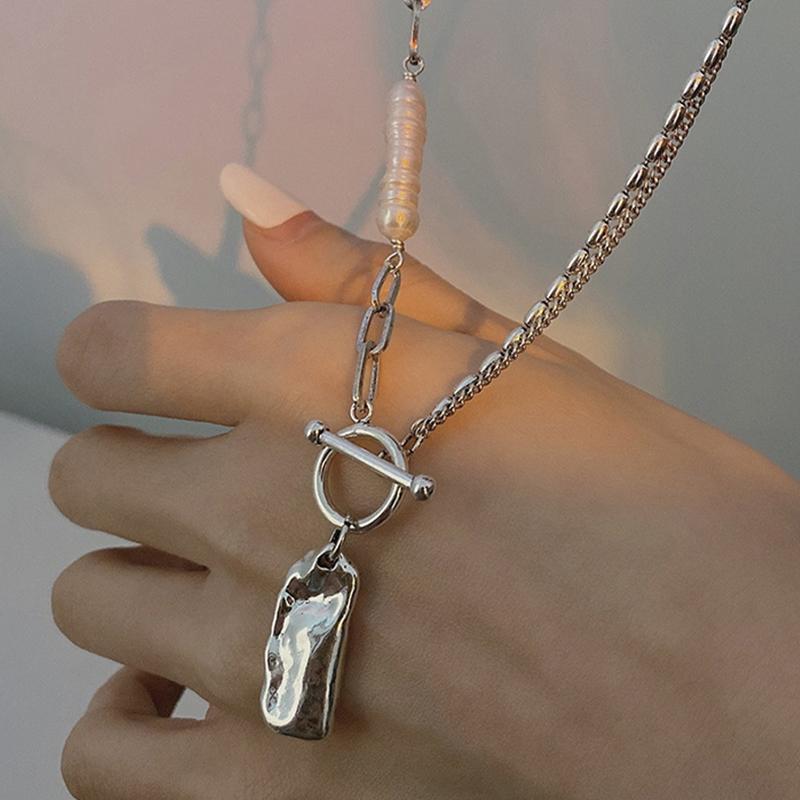 ANENJERY Women'S Fashion Jewelry Irregular Pearl OT Buckle Necklace Female Temperament Korean Niche Design Accessories