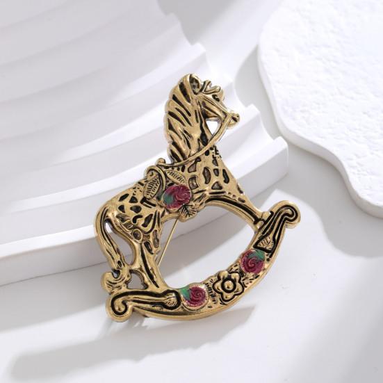Retro Rocking Horse Brooch Vintage Style Horse Lapel Pin Alloy Horse Brooch Pin with Floral Patterns for Men Women Coat Scarf Hat Outfit Accessory