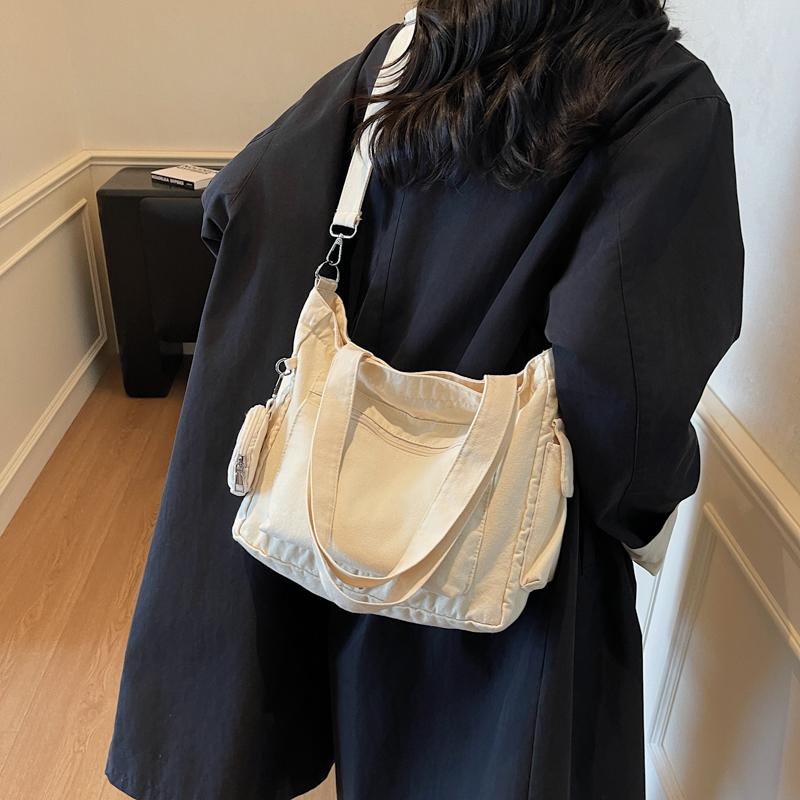 Large Capacity Tote Bag Canvas Bag Solid Color Student Crossbody Bag