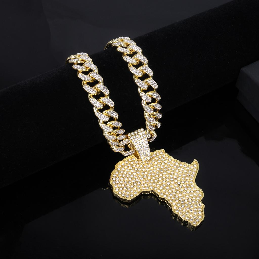Unisex Trendy Hip Hop Rap Alloy Necklace Cool Map Inlaid Diamond Pendant Fashion Street Style Accessories