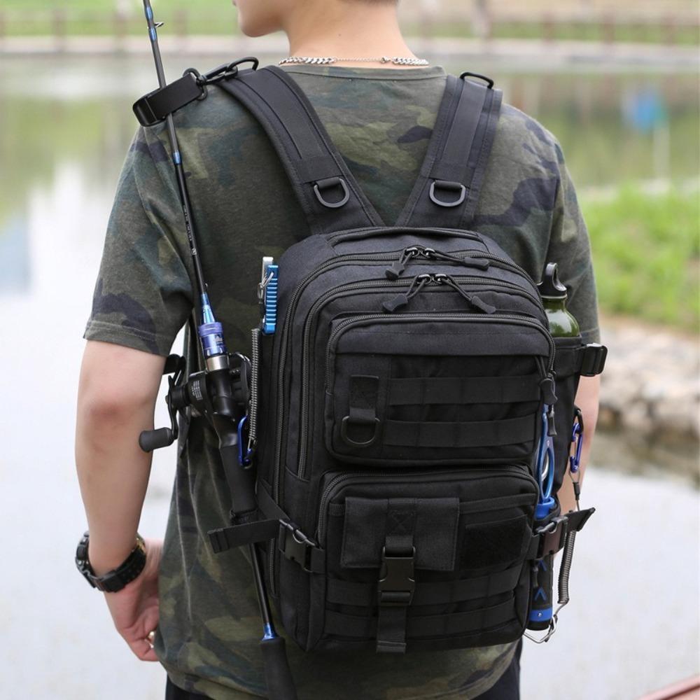 Large Capacity Fishing Tackle Storage Bag Water Bottle Holder Multiple Pockets Backpack Durable Material Casual Design