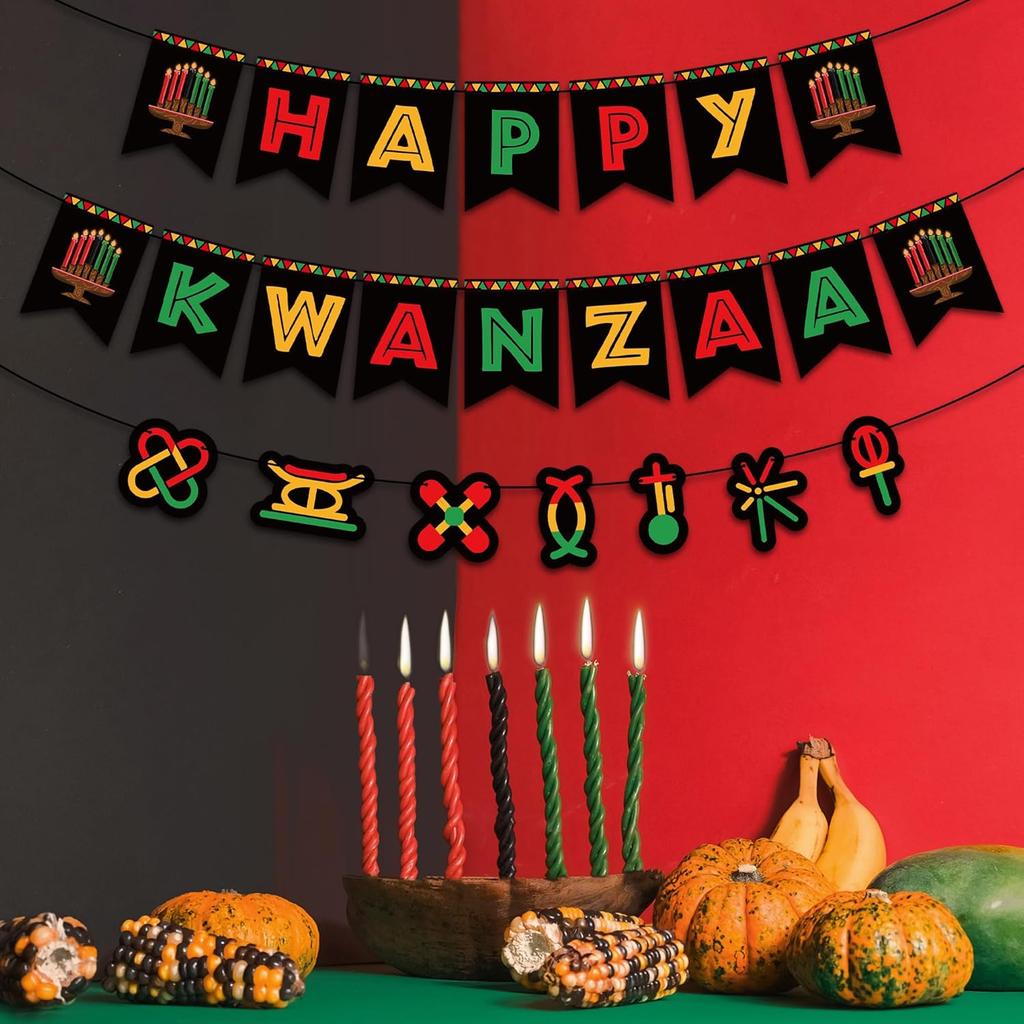 WATINC 3pcs Happy Kwanzaa Banner Decorations, N Heritage Holiday Hanging Banner, No DIY Needed Rustic Banners Kwanzaa Party Supplies for Mantel