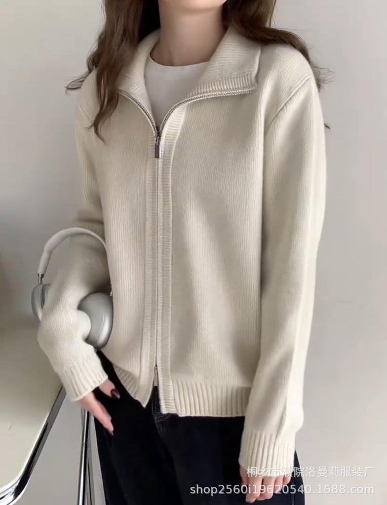Women's Long Sleeve Sweater Stand Collar Lazy Style Knit Cardigan Zip Up Casual Outerwear