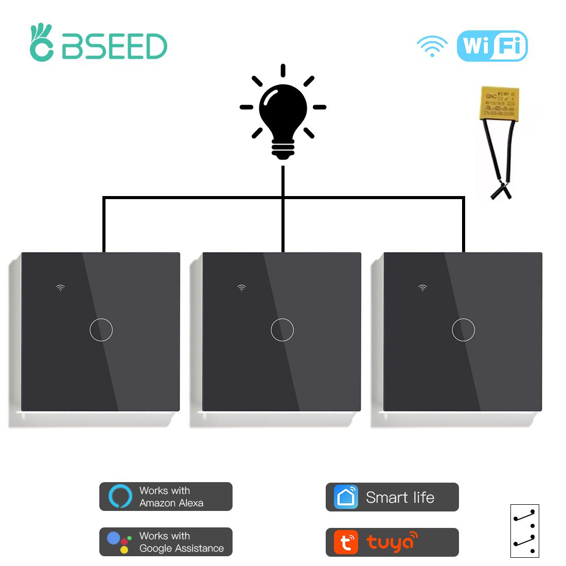 

BSEED Wifi 1/2Gang Touch Smart Switches 3way Stair Touch Switches Tuya Smart Life App Control With Capacitor Glass Panel 3Pack EU standard