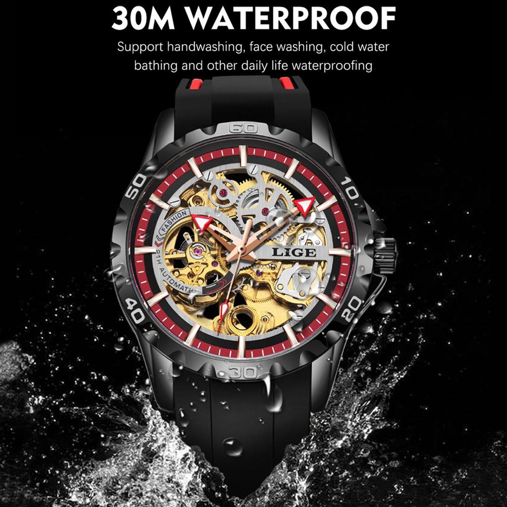 LIGE Top marca nova relógio mecânico criativo oco design pulseira de silicone masculino relógio mecânico esportes lazer nightlight à prova dwaterproof água relógio masculino