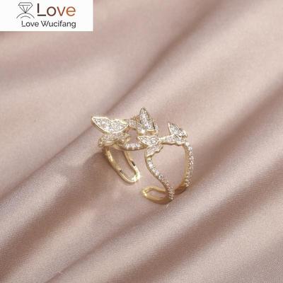 Korea  Design Fashion Jewelry 14K Real Gold Plating Four Butterfly Zircon Rings Elegant Women's Daily Work Open Ring