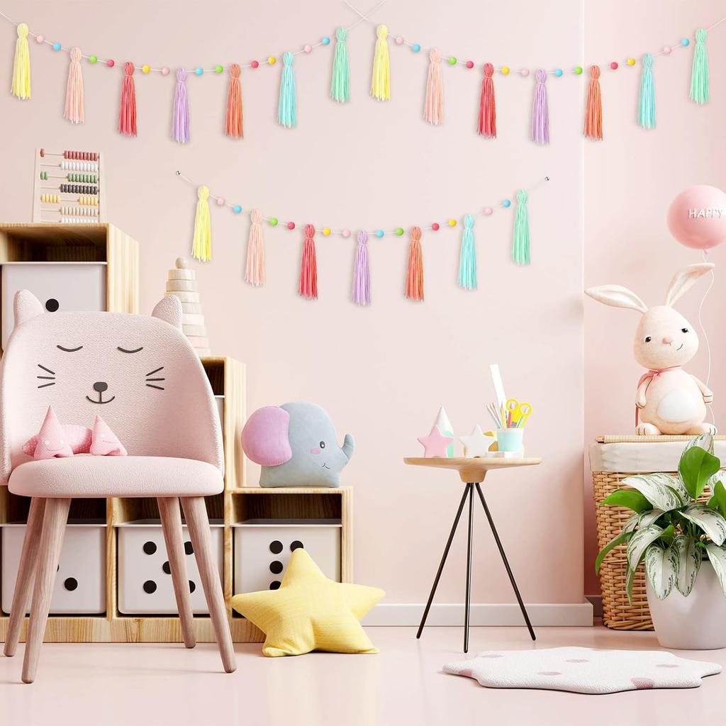 Colorful Boho Tassel Garland Rainbow Pom Pom Each 50'' Colorful Classroom Decoration Boho Banner for Kid Nursery Wall Decor Baby Shower Back To