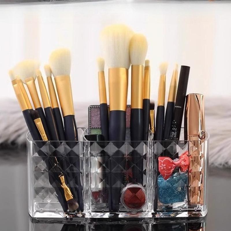 Transparent Acrylic Cosmetic Organizer - 3-Tier Makeup Brush & Lipstick Storage Box with No Lid for Bathroom & Makeup Desk
