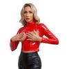 Women's Wetlook Patent Leather Mock Neck Long Sleeve Hollow Out Crop Tops Clubwear