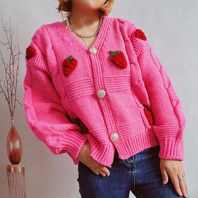 Strawberry Cardigan Women V-Neck Long Sleeves Embroidery Single Breasted Button Sweaters Creative Autumn Winter Casual Relaxed Sweatercoat
