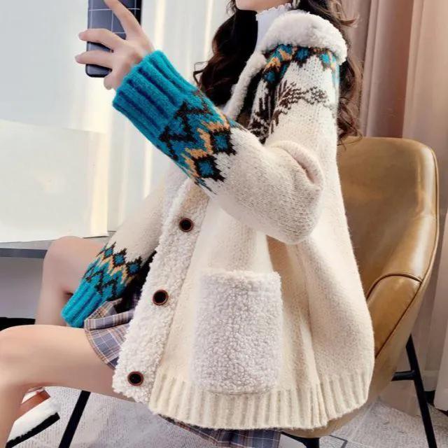 

WTEMPO Женские рождественские свитера, пальто, толстые, теплые, осень-зима, большие размеры, вязаные кардиганы, отложной воротник, пальто на пуговицах One Size бежевый