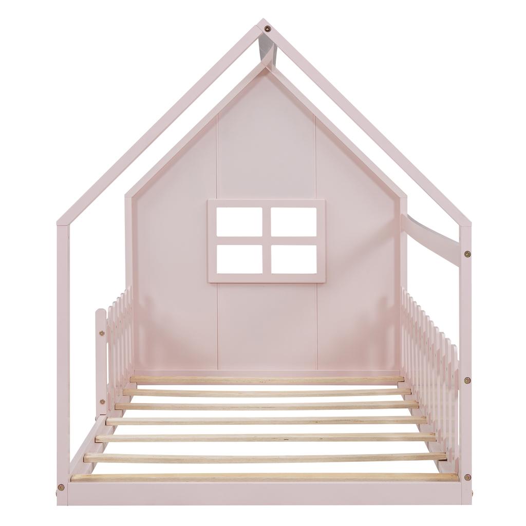 90*200cm Düz Yatak, Çocuk Yatağı, Ev Raylı, Pembe