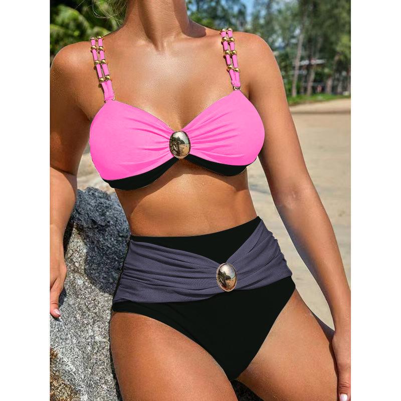 Women's 2026 European Color Block High Waist Bikini Set - Gold Plated Round Details, Sexy New Split Swimsuit