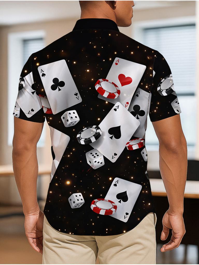 Men'S Fashion Individual Playing Card Print Short Sleeve Shirt, Trendy Tabletop Game Element Top, Casual Leisure Party All-Match Breathable Shirt,
