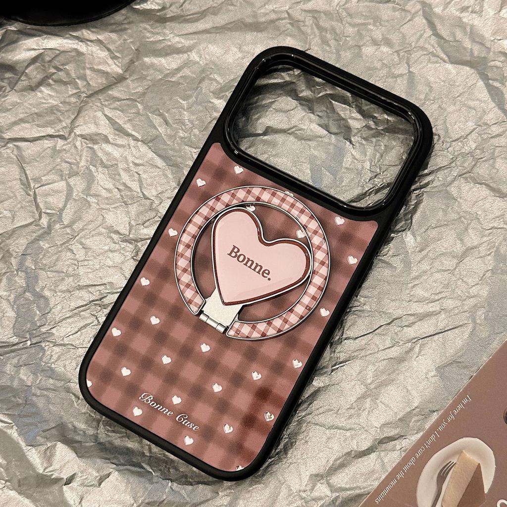 Retro plaid gold-plated iPhone 17 Pro Max Apple 16 phone case 13 magnetic heart-shaped stand 15 compatible with 14