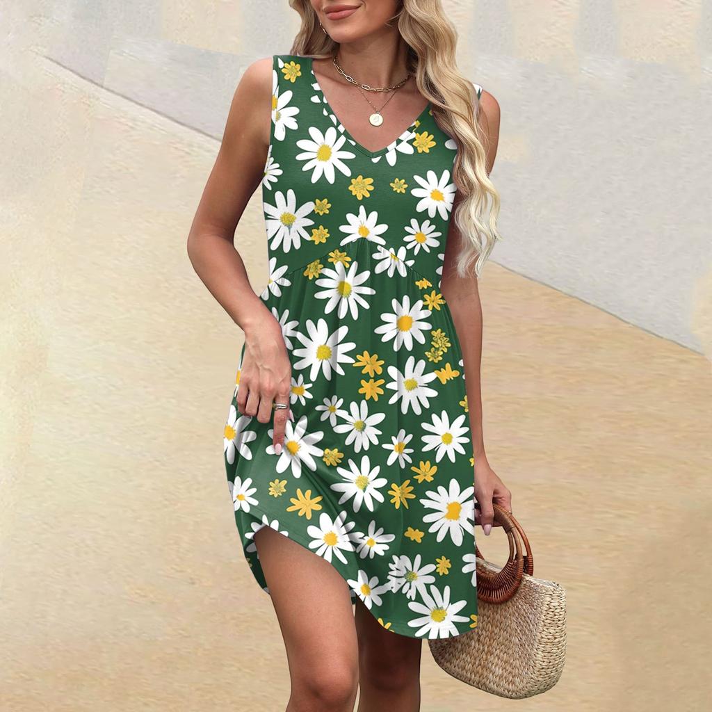 Women's Summer V-neck Casual Beach Vacation Style Vintage Floral Print Sleeveless Splicing Dresses