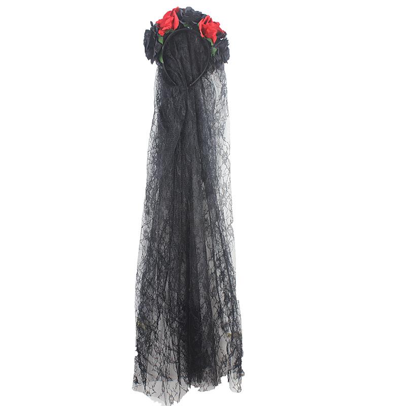 Day of the Dead Rose Flower Mesh Headband - Halloween Party Hair Accessory