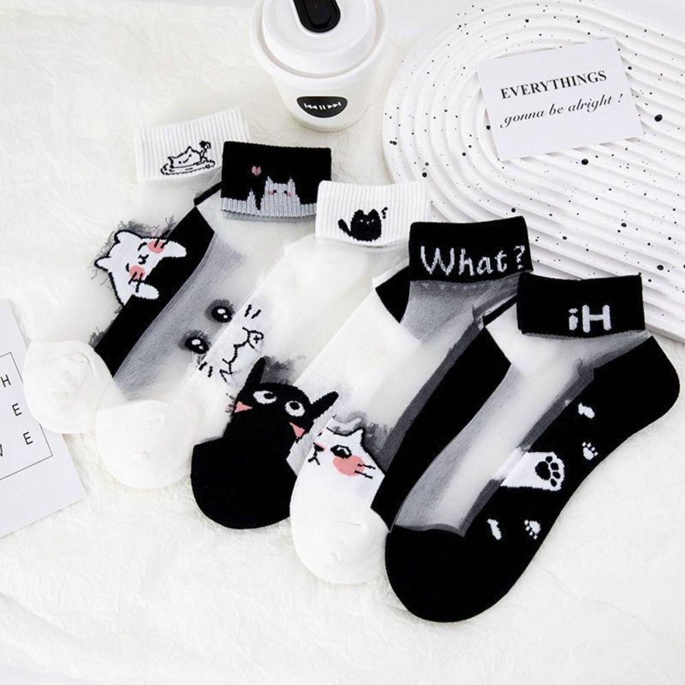 5Pairs Wear-resistant Short Socks Breathable Sport Socks Casual Black and White Cat Socks