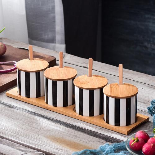 Nordic Black and White Stripes Ceramic Spice Jar Combination Set Salt Sugar Oil Soy Sauce Bottle Vinegar Pot Kitchen Supplies