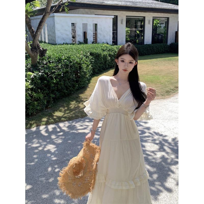 French Retro Mori Collar Halter Ruffle Edge Dress Summer Seaside Vacation Big Swing Dress Long Dress Fairy