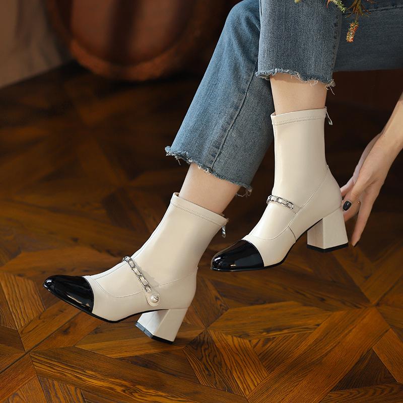 Zapatos de Otoño para Mujer Botines Cortos de Cuero Marca de Lujo Tacón Cuadrado Zapatos de Salón de Punta Señora Moda 2024 Botines al Tobillo con Cremallera Trasera