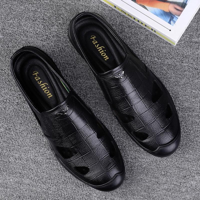 Men's Black Genuine Leather Breathable Slip-On Loafers
