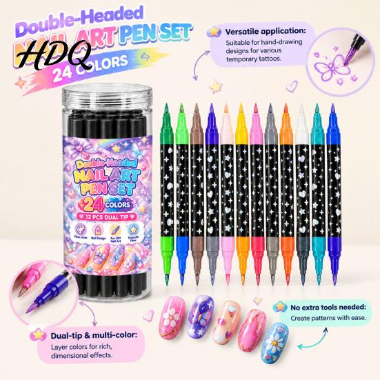 Nail Stippling Pens 12Pcs 24 Color Dual-Ended Art Set Dual Tip Waterproof Drawing Painting for Salon Markers Quick Dry Liner DIY Beginners