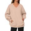 Damen Mode V-Ausschnitt Longline Pullover Sweatshirt mit Tasche für Herbst Winter