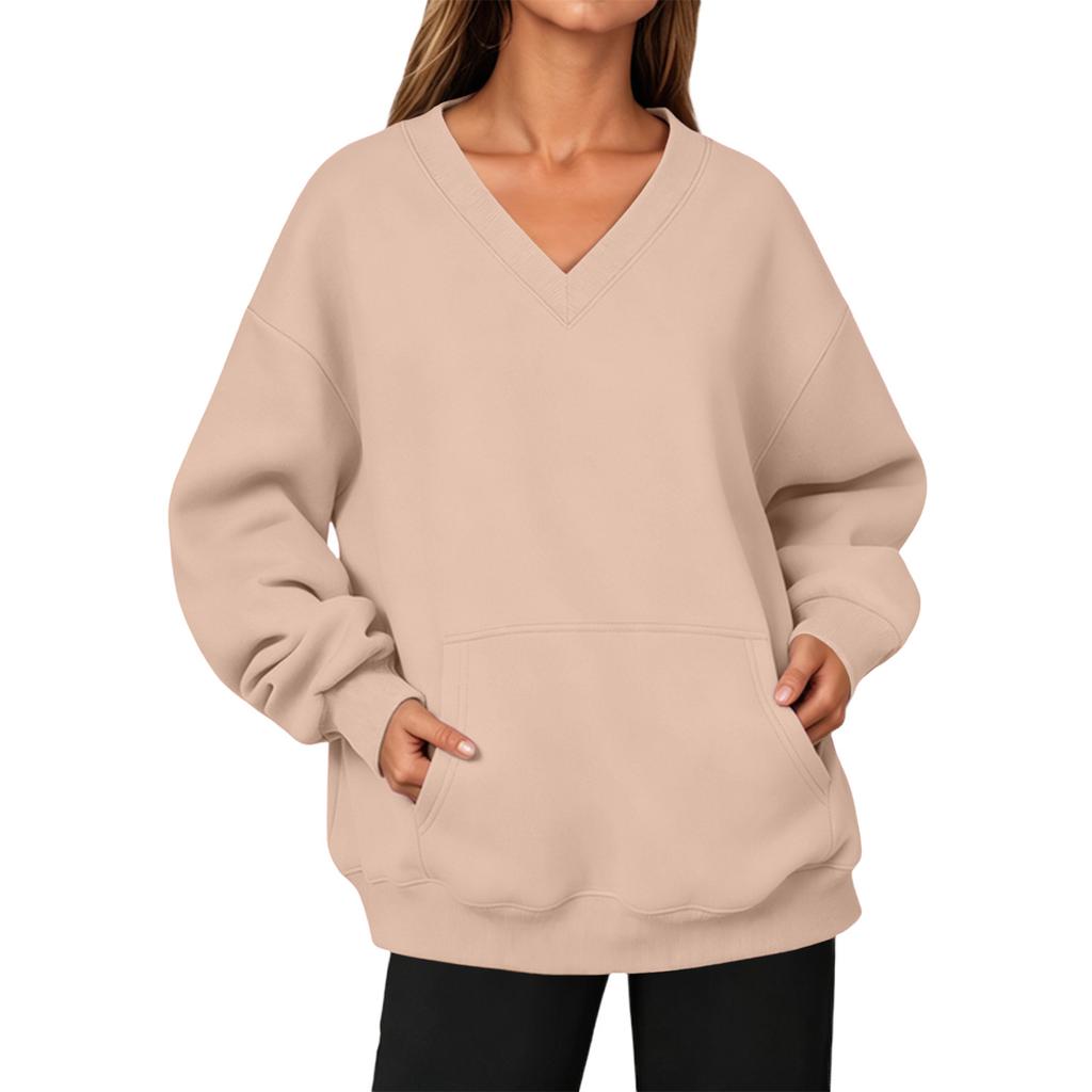 Damen Mode V-Ausschnitt Longline Pullover Sweatshirt mit Tasche für Herbst Winter